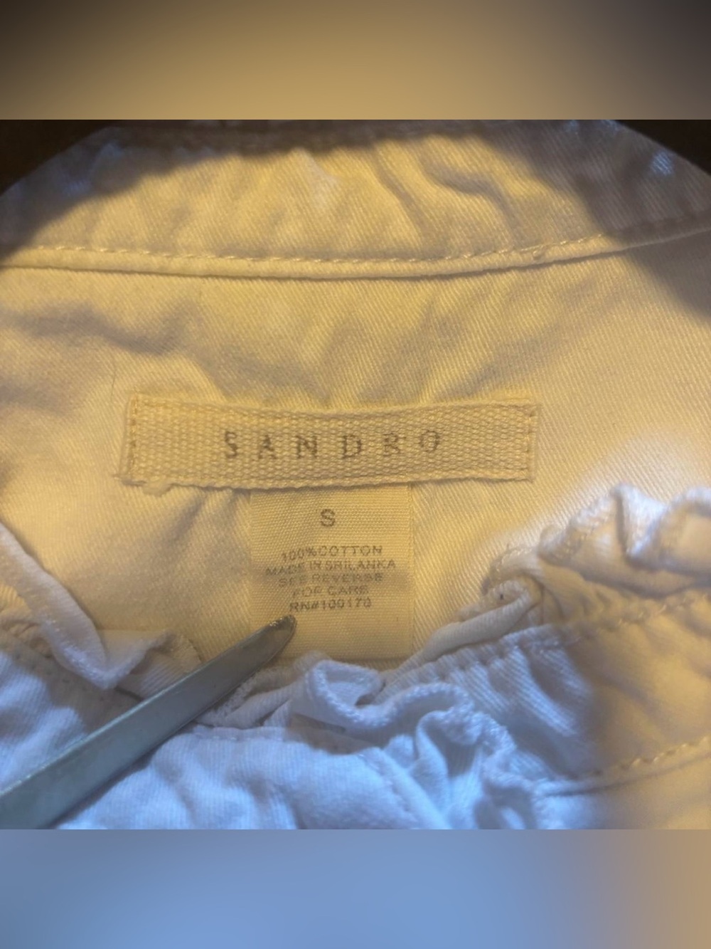 Sandro 100% Cotton Denim Jacket Sz Small White Ruffle Crop 3/4 Sleeve Structured - Picture 4 of 4